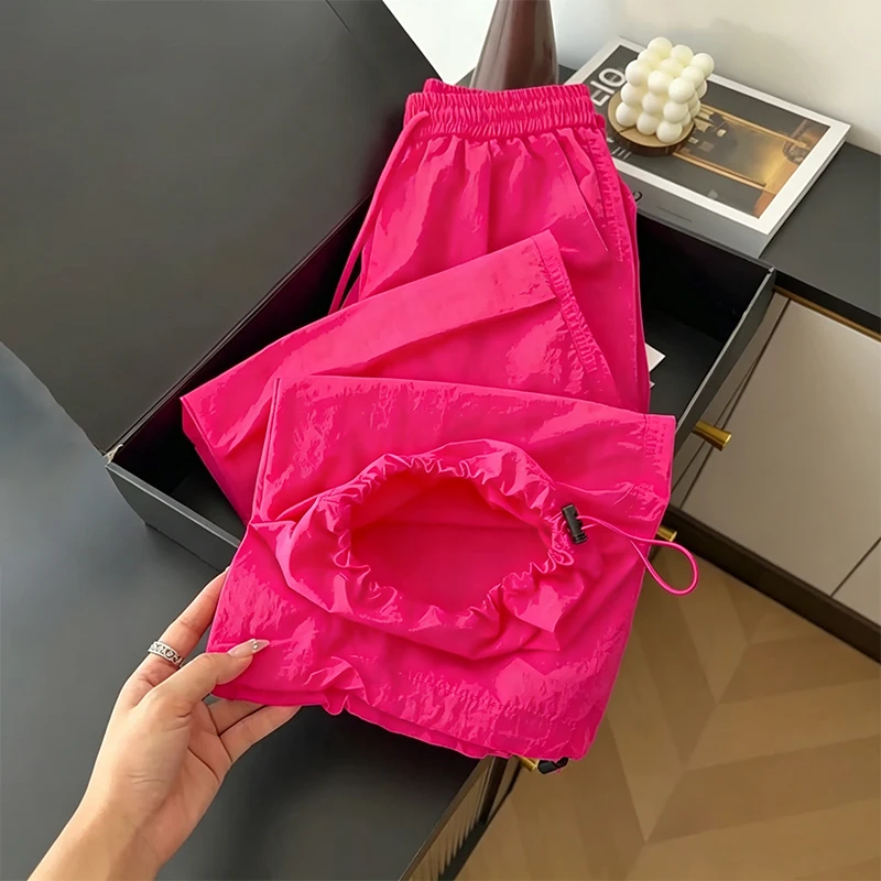 Summer Thin Pink Workwear Quick Dry Pants Women plus Size High Waist Slimming Cuffed Casual Trousers Comfortable Loose Fit
