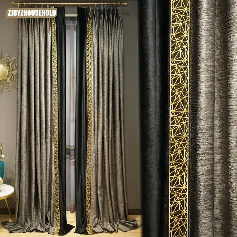 

Golden Velvet Blackout Luxury Curtains for Living Room European Tulle Grey Vintage Lace Stitching Bedroom Custom Dining Room