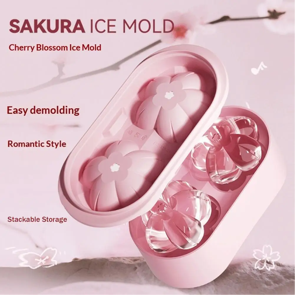 Space Saving Ice Mold Decorative Ice Cube Tray Sakura Shape Silicone Ice Cube Tray with Lid Easy-release Stackable for Whiskey