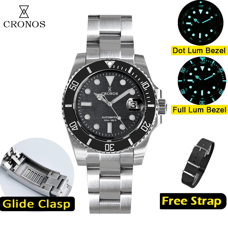 Cronos Sub Diver Men Watch Stainless Steel PT5000 Ceramic Bezel 200 meters Water Resistant Glideclasp L6005M Dial Patterm