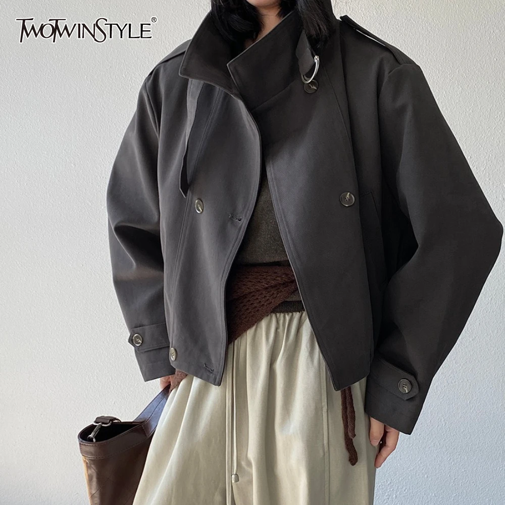 

TWOTWINSTYLE однотонная куртка на пуговицах, женская куртка со стойкой и длинным рукавом, свободные женские куртки во французском стиле ретро, осенняя мода, новинка