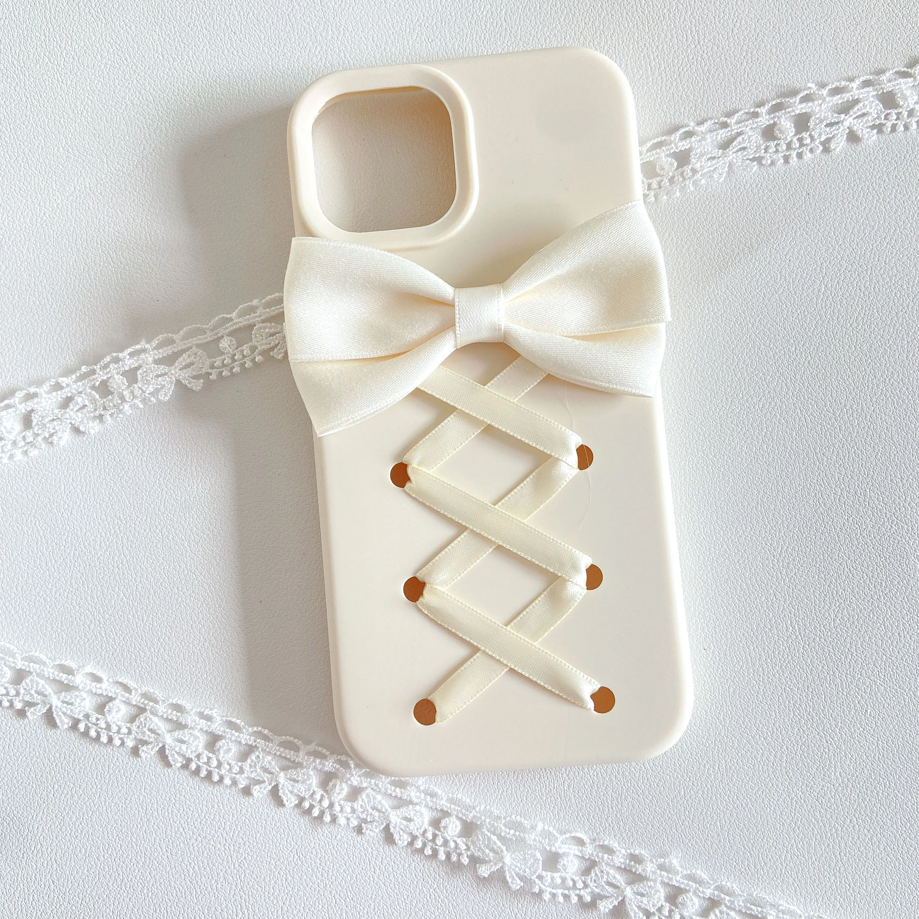 Cute Cream White Bow Phone Case for iPhone 17 16 15 14 13 12 Pro Max Soft Silicone Cross Ribbon Decoration Girly Cover for Women view 3