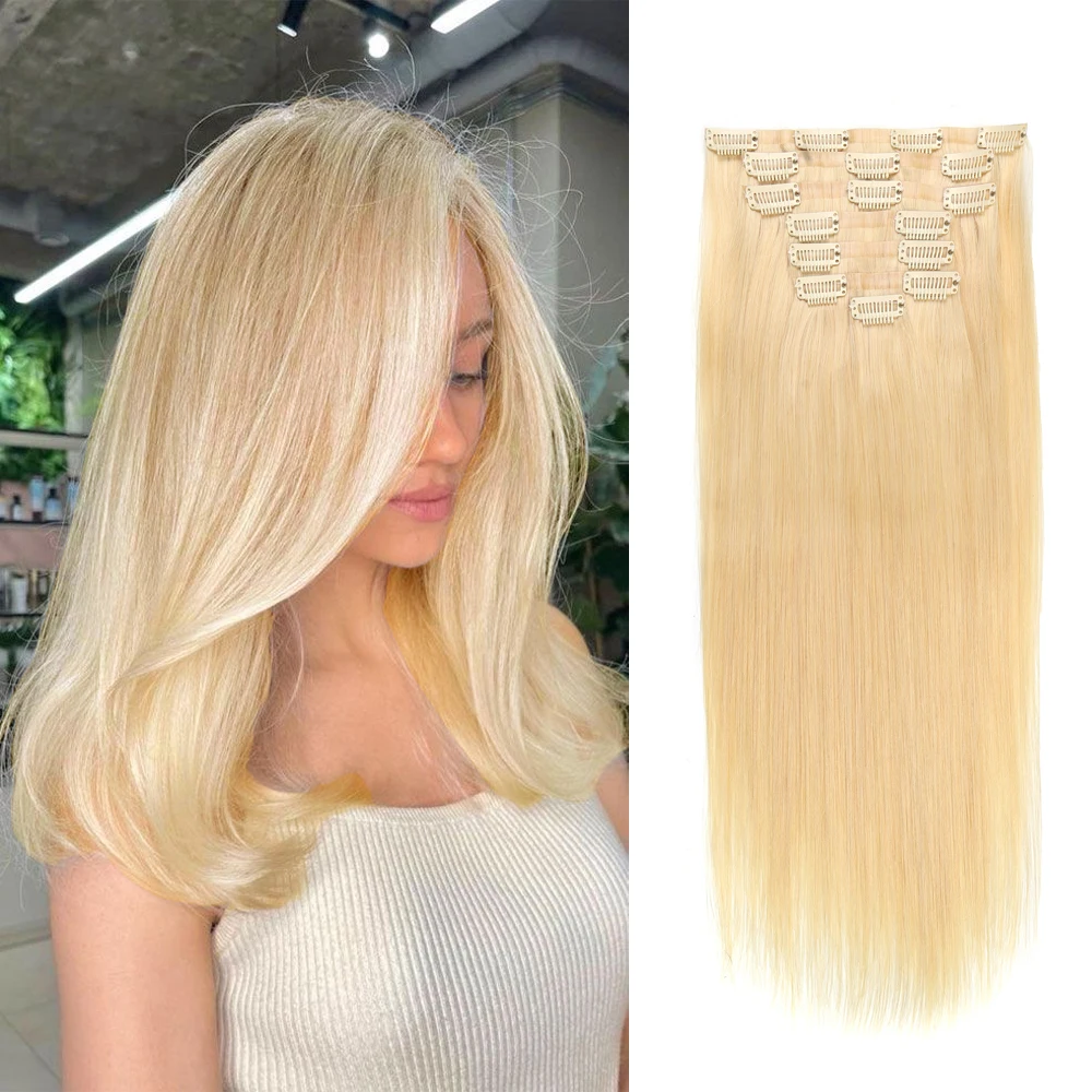 

PU Clip in Hair Extensions Real Hair Blonde 613# Add Hair Clip ins Seamless Clip in Human Hair Extensions 7pcs PU Skin Weft 120g