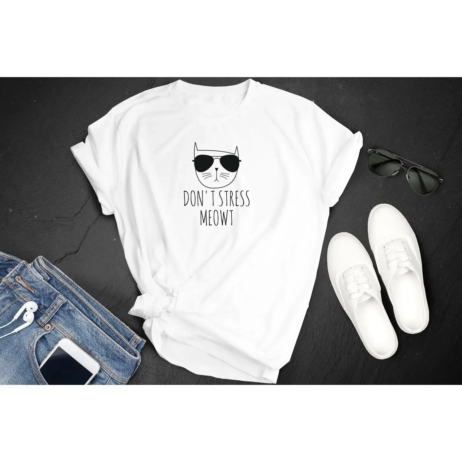 Funny Cat T shirt amp quot Don 39 Stress Meowt Lover  vintage Washed streetwear graphic designer clothes Versatile Unisex
