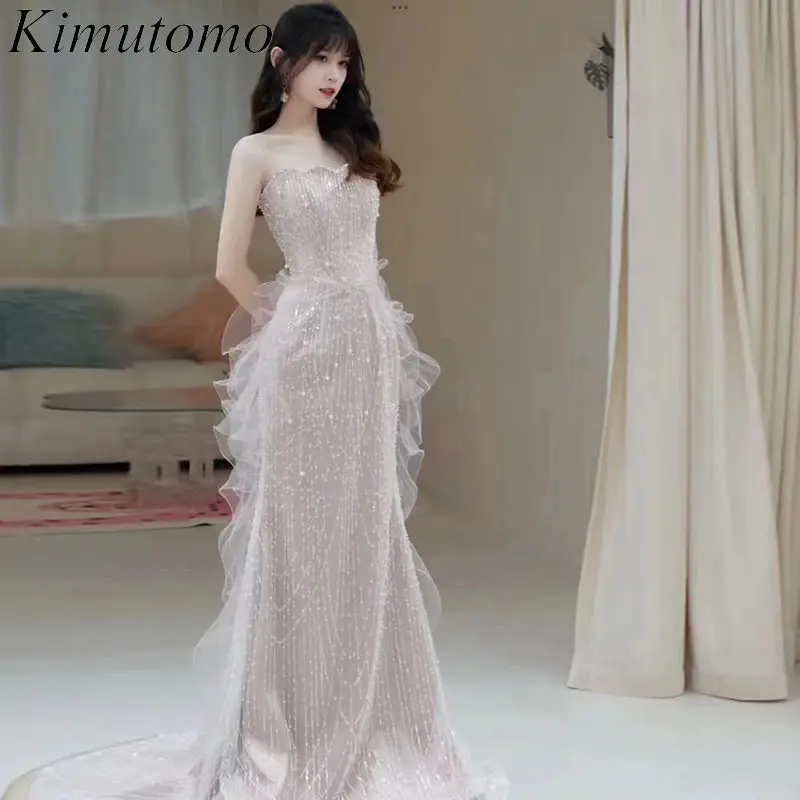 

Kimutomo Strapless Sequined Hip Dress Mesh Ruffles Heavy Industry Evening Dresses French Style Vintage Sexy Party Vestidos