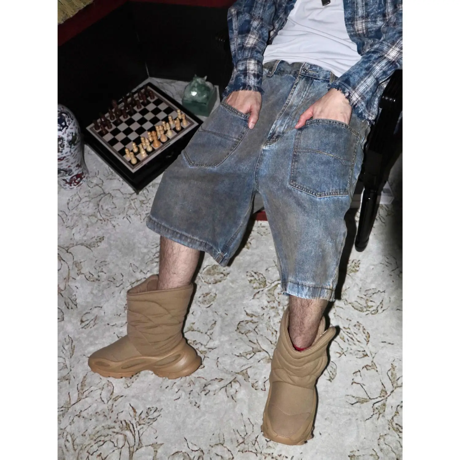 

Foufurieux American Style Vintage Rusty Pocket Straight Leg Denim Shorts for Men High Street Loose Casual Wide Leg Jeans for Men