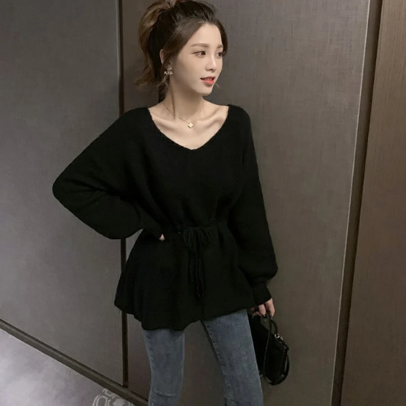 Autumn New Korean Style Lace up Waist Lantern Sleeve Knit Pullovers Female Sweater Loose and Slim Woman Sweater Fashion Top Tees