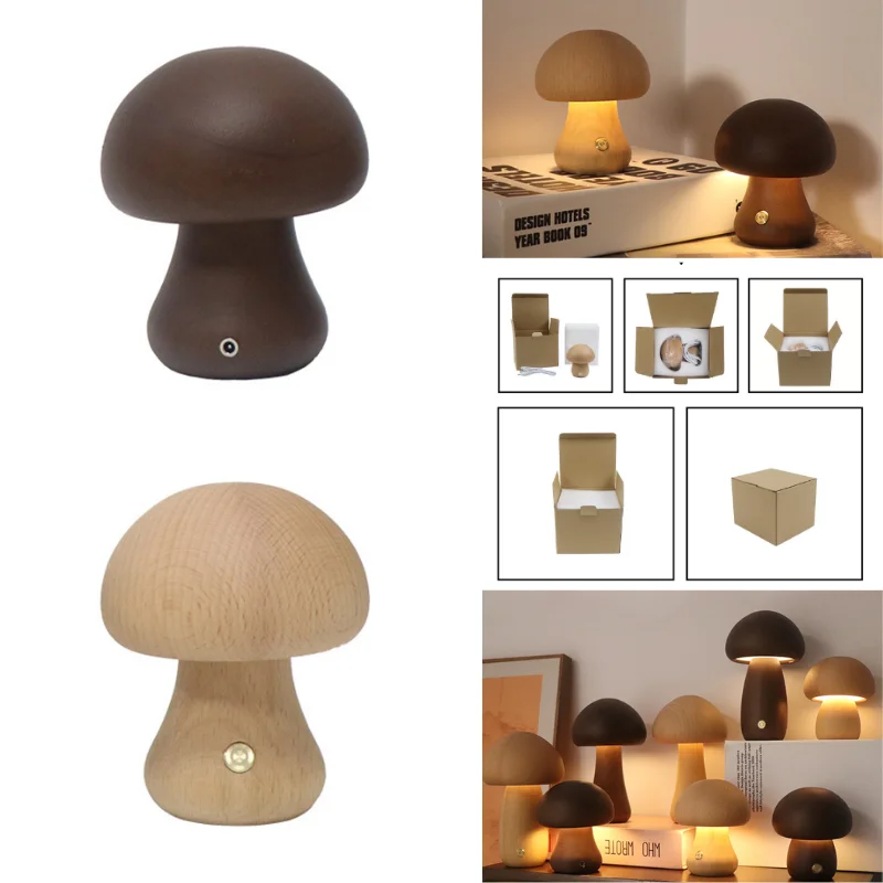 LED Night Light With Touch Switch Wooden Cute Mushroom Bedside Table Lamp For Bedroom Childrens Room Sleeping Night Lamps