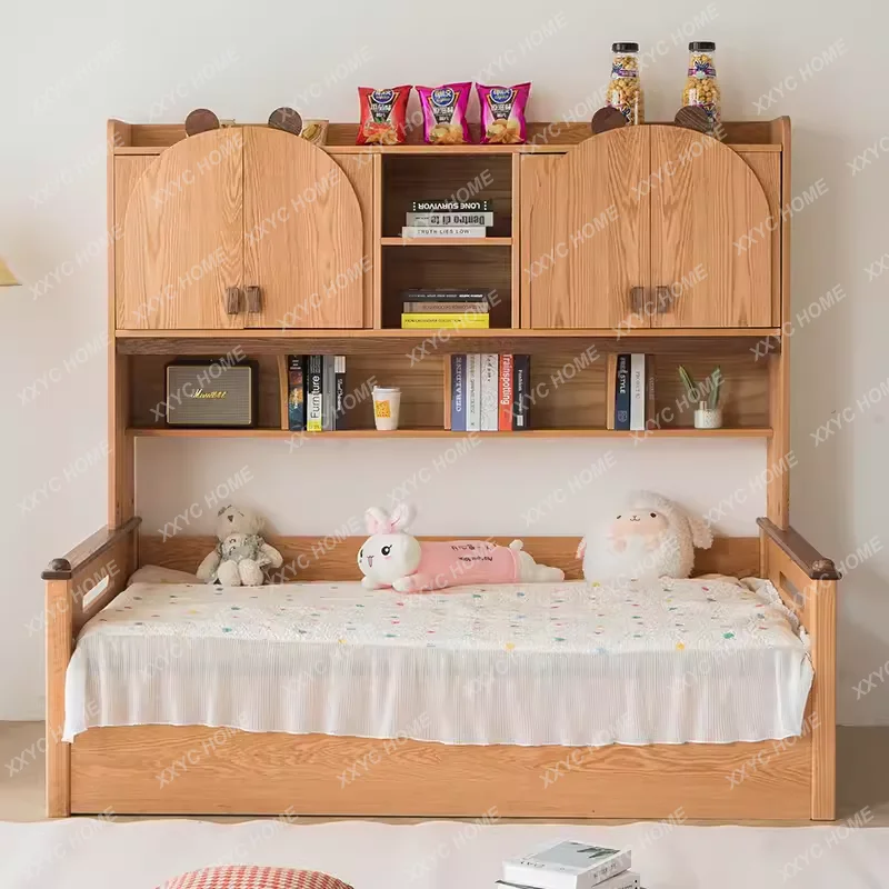 MS MX Pure Solid Wood Children's Bed With Side Cabinet Bookshelf Log Wind Wardrobe Bed Integrated Against The Wall Storage Bed C