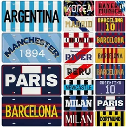 FJ Decor Vintage Car Metal Sign  City License Plates Milan Barcelona Madrid Tottenham Manchester  Decorative Wall Plaque for Hom