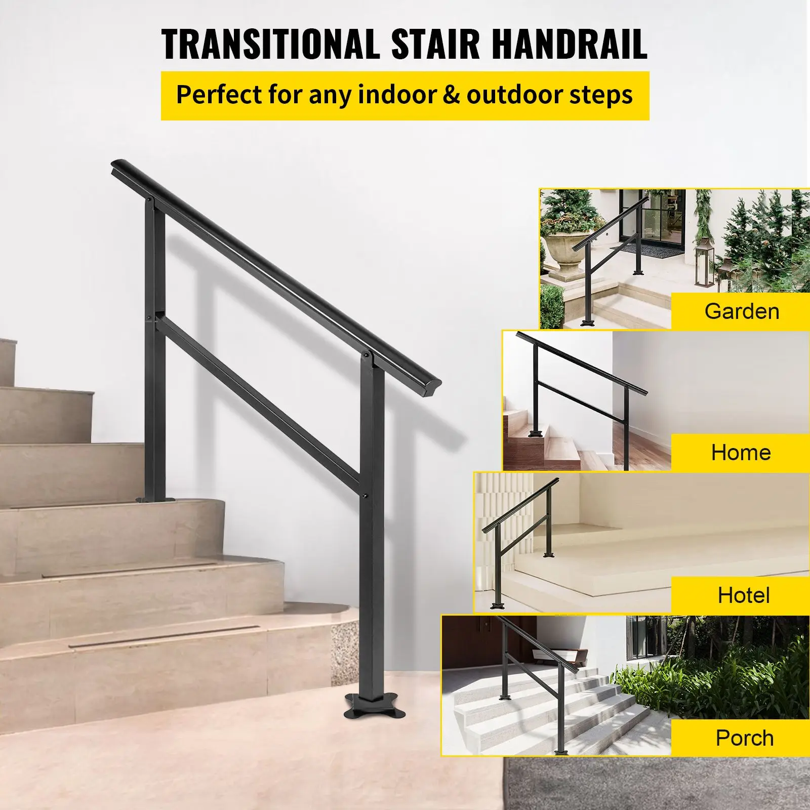 Handrail Outdoor Stairs 47.6 X 35.2 Inch Railing Adjustable from 0 to 30 Degrees for Aluminum Black Fit 3-4 Steps