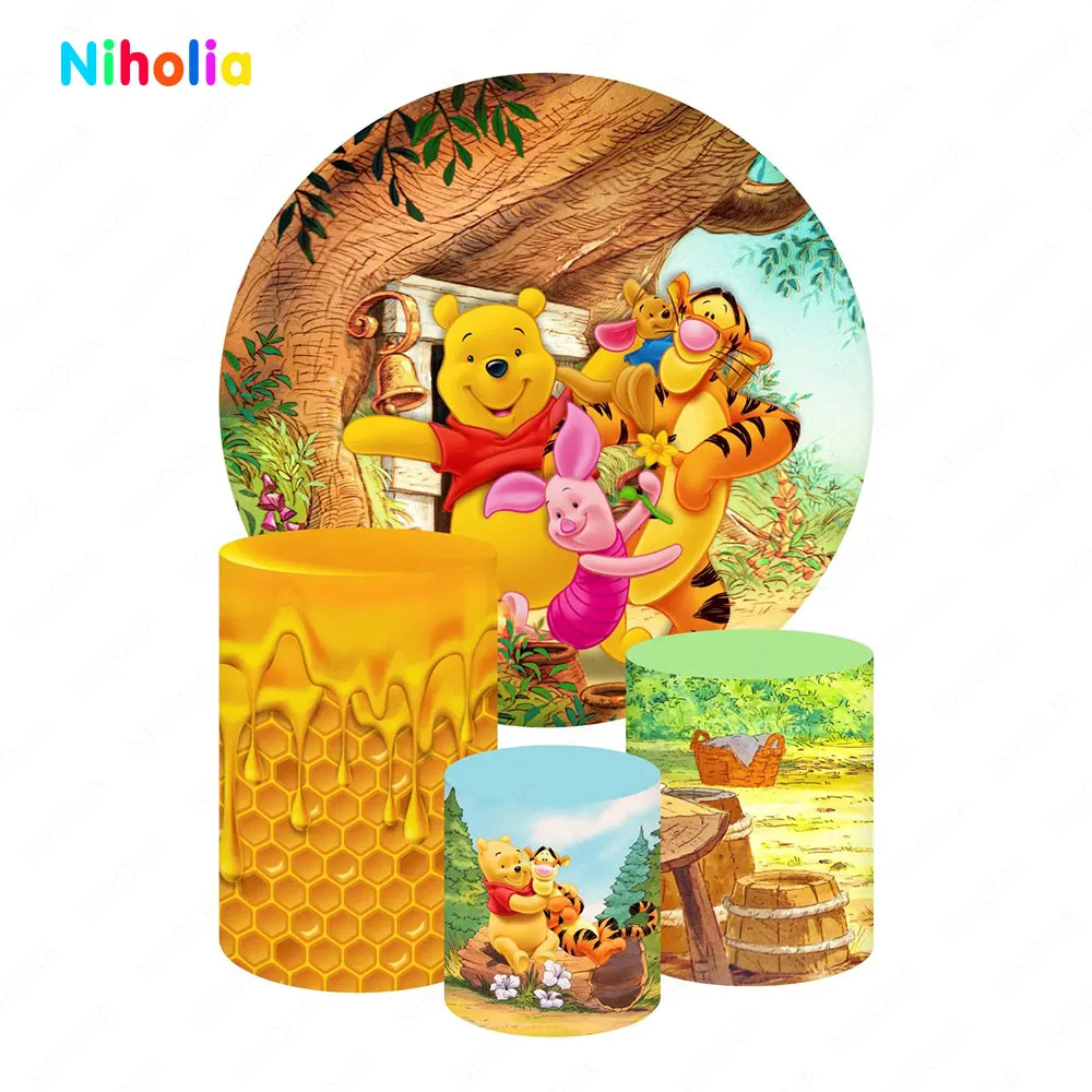 Winnie The Pooh Backdrop Kids The First Birthday Cylinder Decoration Photo Background Honey Cover Round Baby Shower Studio Decor