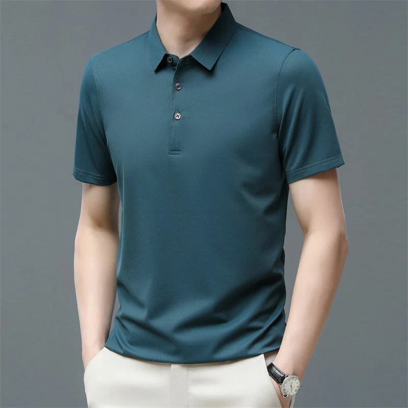 BROWON 2024 Summer Mens T Shirts New Turn Down Collar Thin Anti Wrinkle Solid Color T-shirt Man Golf Office Classics Men Clothes