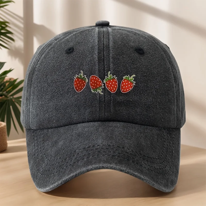 

Strawberry Print Baseball Cap, Adjustable Soft Breathable Lightweight Polyester, Vintage Style, Outdoor/Casual/Streetwear