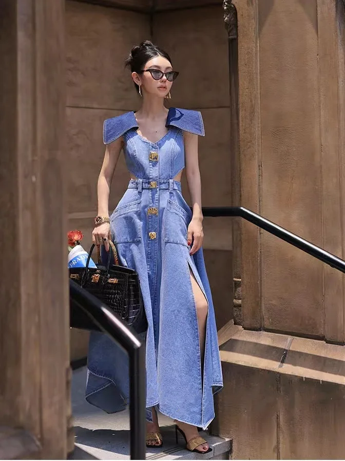 Trendy Fashion Women\'s Metal Buckle Waist Hollow Out Denim Dress 2024 Spring Lapel Sleeveless Split Dresses Female