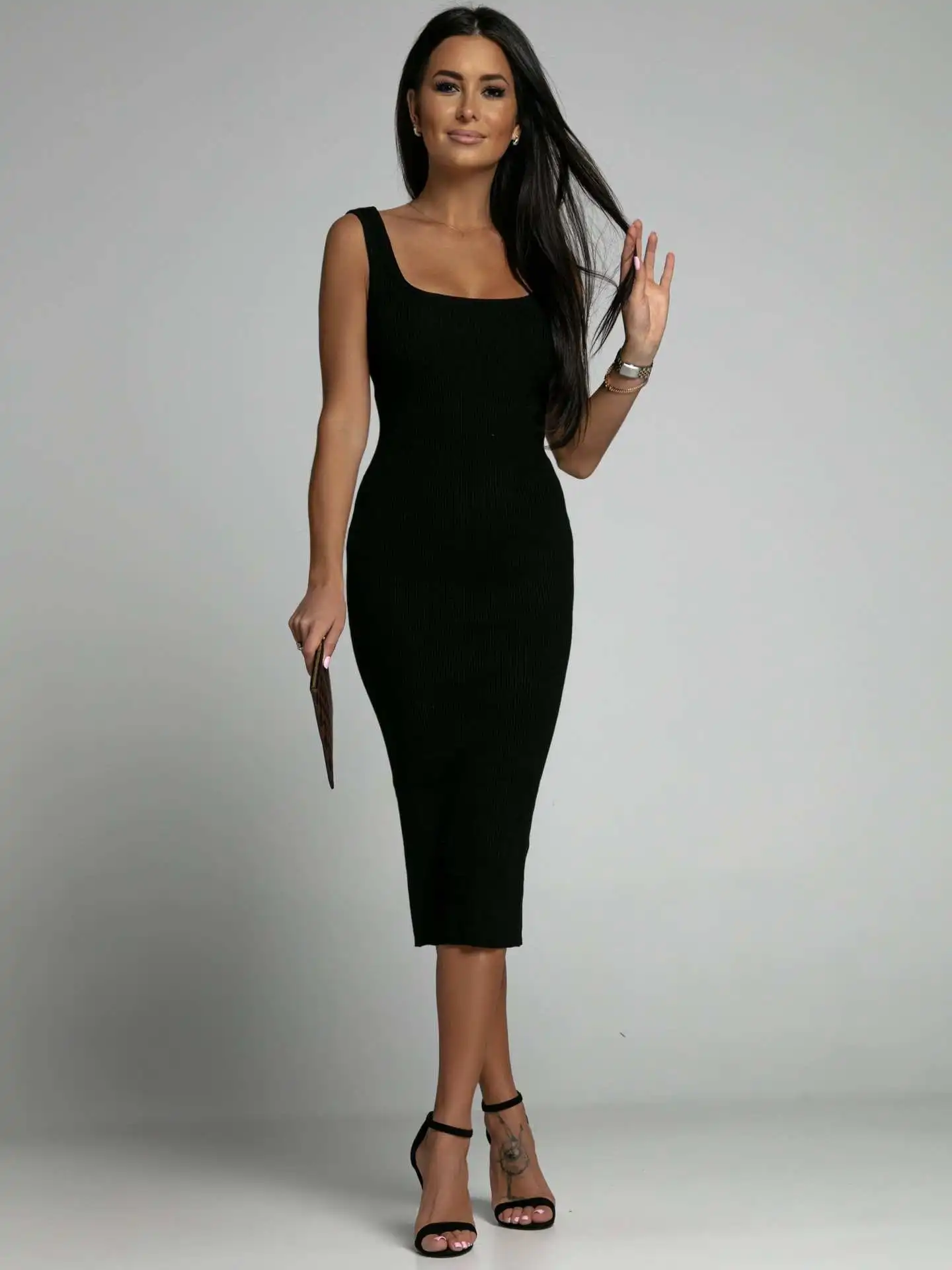 Summer Simple Solid Color Sleeveless U-Neck Wrapped Hip Pit Strip Dress Sexy Knitted Fashion Office Slim Fit Long Dress