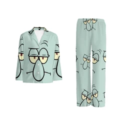 Cute Sponge-bob Cartoon Cotton pajamas set for men and women, long-sleeved strawberry doll print casual pajamasCute Sponge-bob