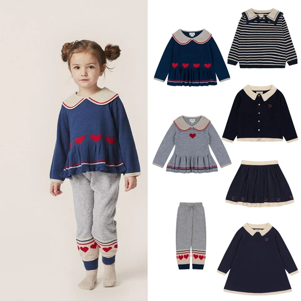 

Winter Ks Children's Clothing Baby Girls Knit Sweaters Pullover Tops Pants Suits Kids Stripe Cardigans Skirt Preppy Style Dress