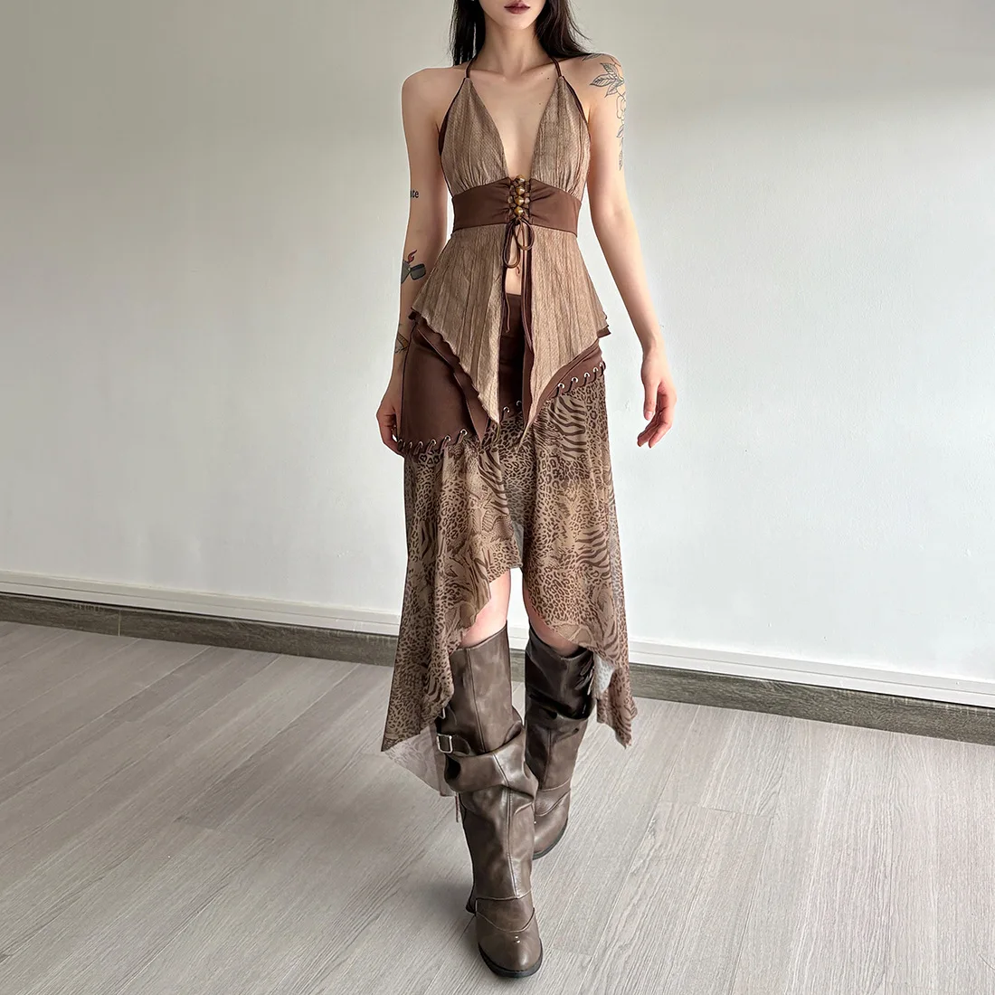 

Gtpdpllt Sexy Women 2 Piece Set Halter Top And Leopard Mesh Asymmetric Long Skirts Y2k Boho Summer Outfits Woman 2025
