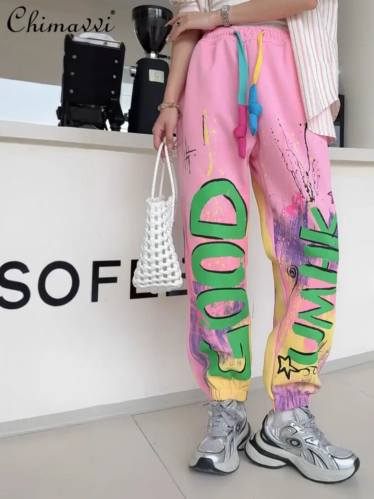 

Fashion Larger Size Graffiti Green Letter Casual Pants 2025 Autumn Clothes New Loose Women's Joggers Sweatpants All-match