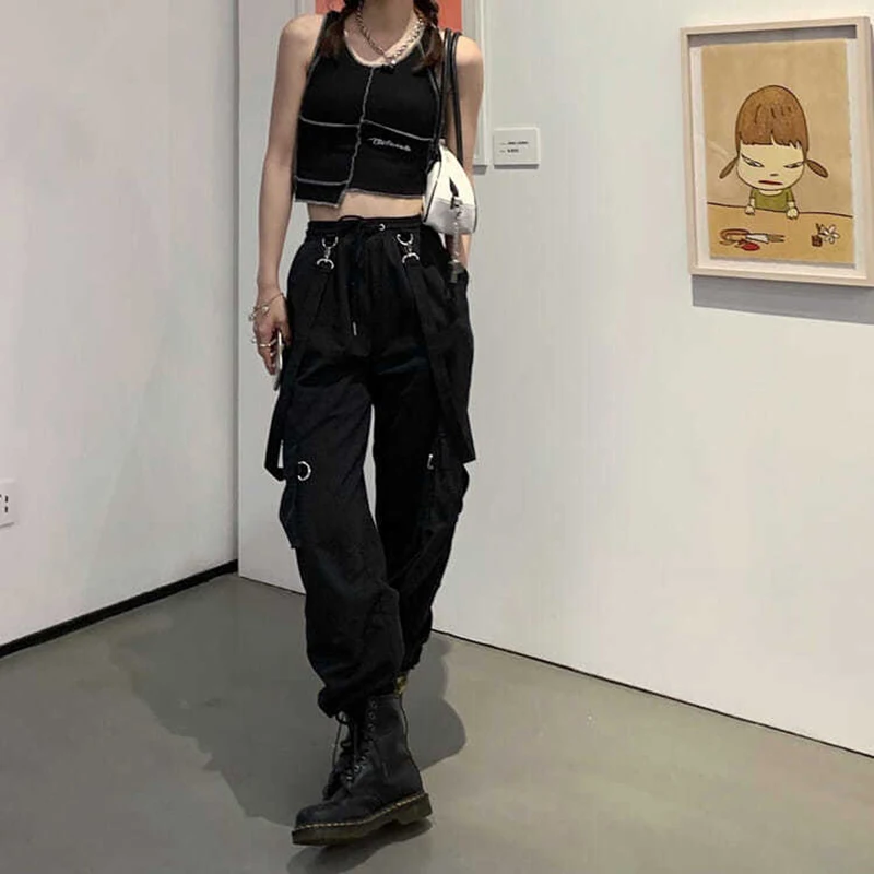 Gothic Cargo Pants Women Harajuku Black Korean High Waist Bf Hip Hop Streetwear Wide Leg Pants Loose Straight Jogging Trousers