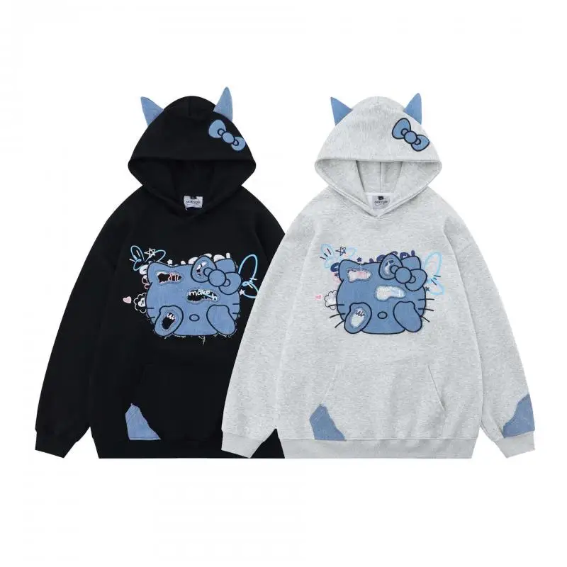 Sudadera con capucha de Sanrio, chaqueta vaquera con parche, Jersey holgado de algodón con dibujos animados de Hello Kitty, ropa de regalo, primavera y otoño, novedad