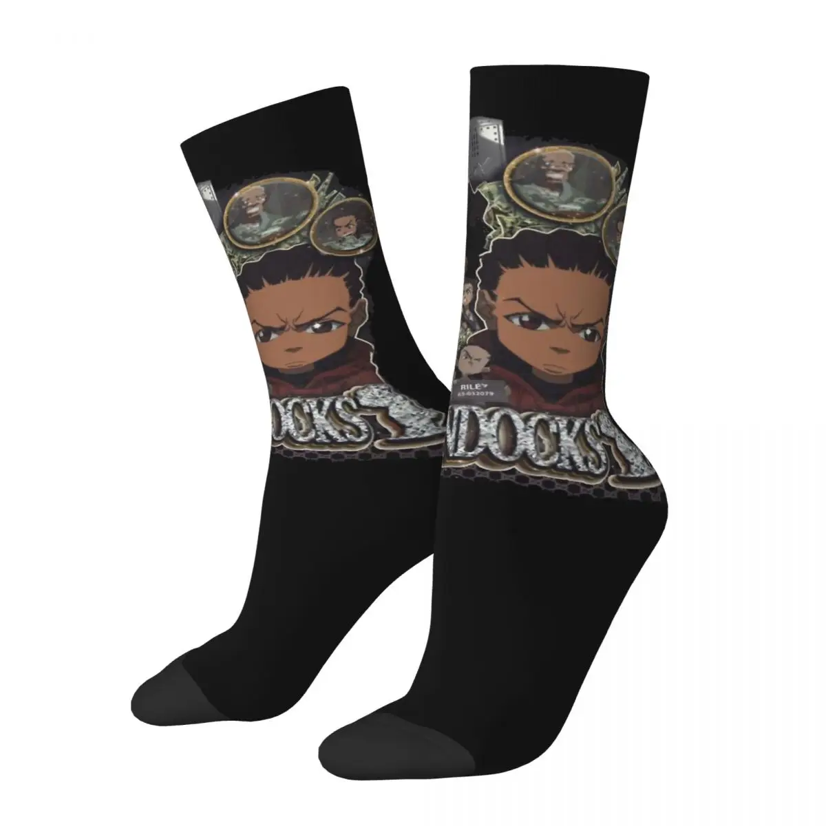 Funny Crazy compression Sock for Men Vintage Hip Hop Harajuku The Boondocks Happy Seamless Pattern Printed Boys Crew Sock