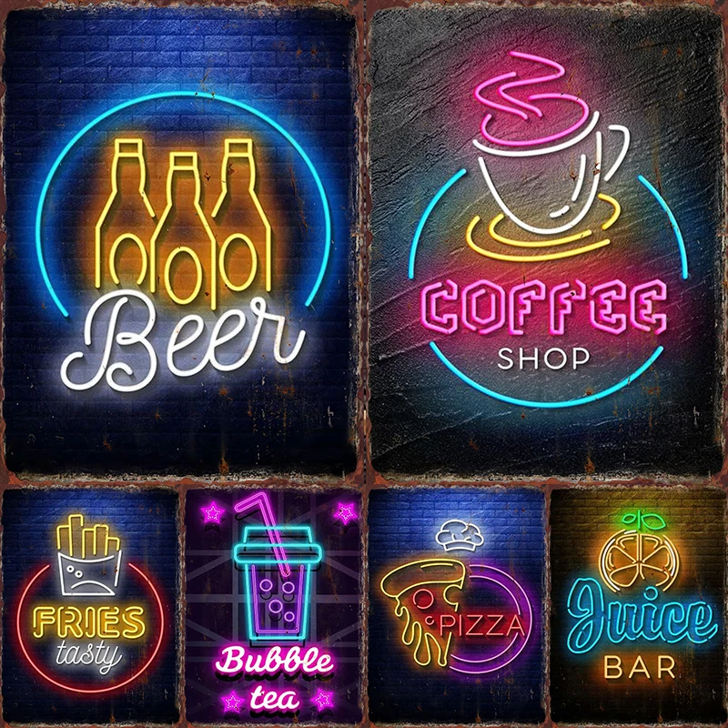 Neon Beer Metal Tin Label Food Poster Cafe Iron Plate Mural Bar Club Red Wine Cocktail Wall Decoration Restaurant Popcorn Plaque