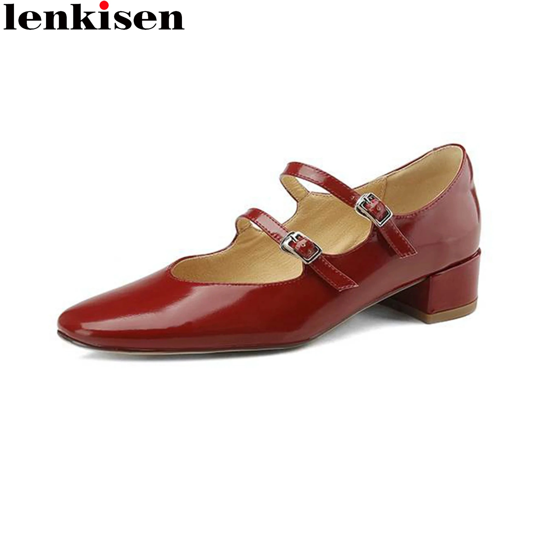 

Lenkisen Cow Leather Metal Buckle Chunky Med Heels Spring Summer Mary Janes Round Toe Shallow Wedding Casual Party Women Pumps