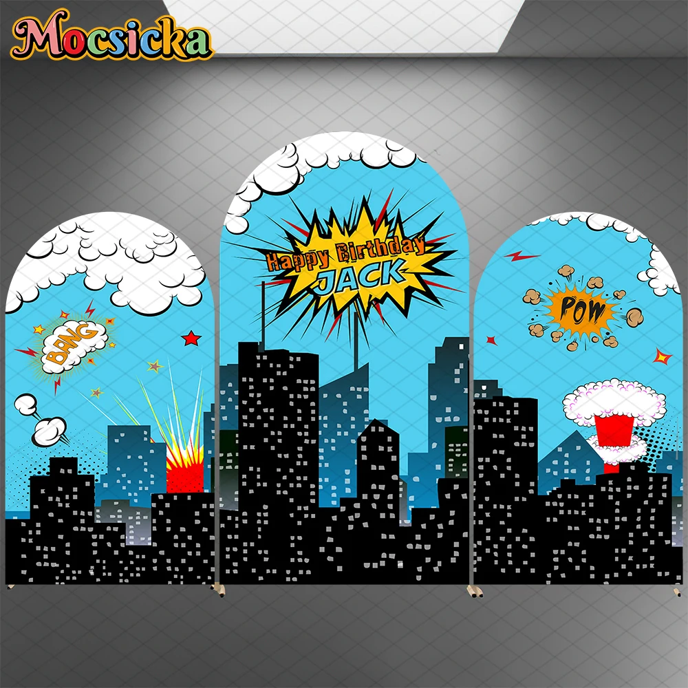 

Mocsicka Happy Birthday Arch Backdrop Covers Child Baby Shower Boy Custom Arched Backgrounds High Rise Explosion Decor Photocall