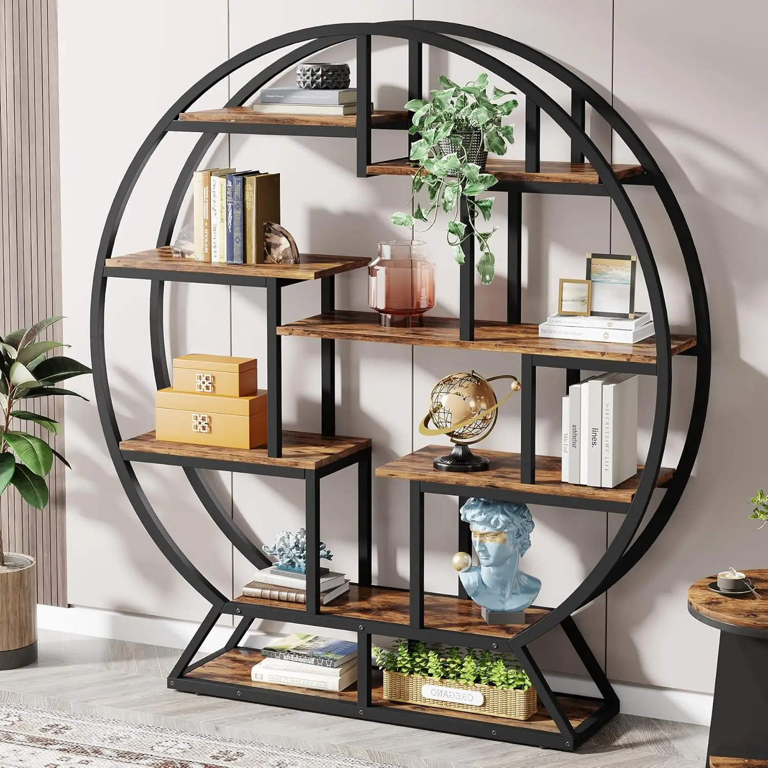 

Книжная полка Tribesigns, круглые книжные полки Etagere Bookcase, 63-дюймовая промышленная деревянная книжная полка с в шахматными полками, открытая в деревенском стиле