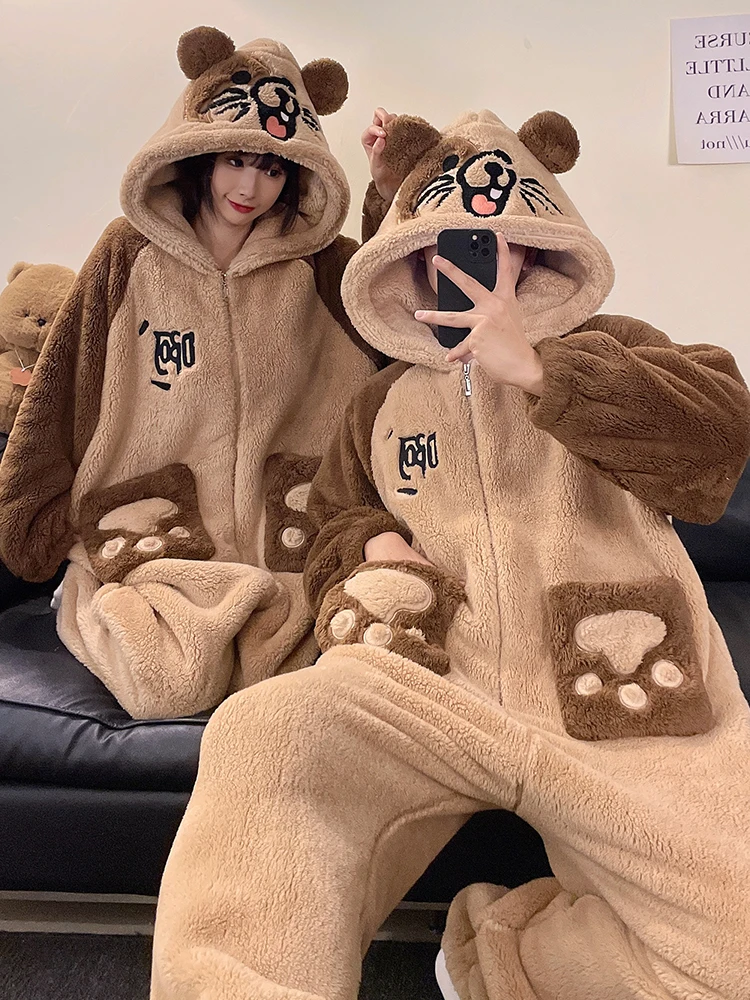 DAIMELU cartoon cute pajamas men's autumn sleepwear winter thickened coral fleece flannel male one-piece loungewear suit nighty