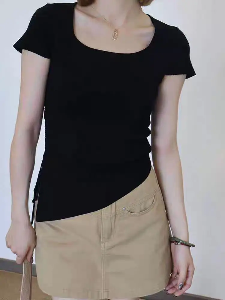 Camisetas básicas femeninas pescoço quadrado manga curta topo cor sólida bonito verano magro topos fino ajuste camiseta roupas ca