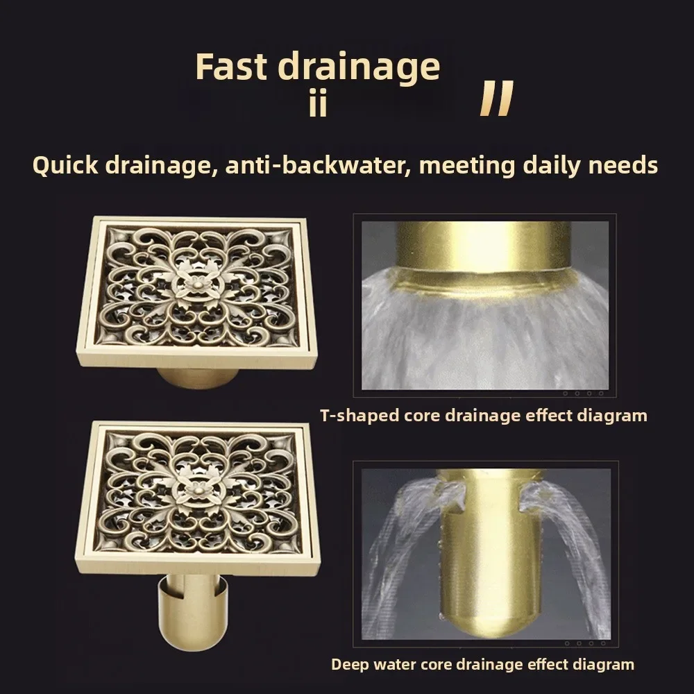 Antique Floor Retro Brass Deodorant Floor Drain Cover Insect-proof Bathroom Balcony Washing Machine Full Copper Floor Drain