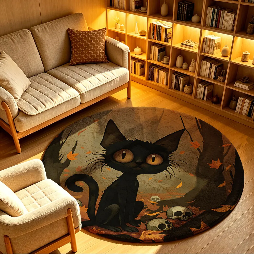 1pc Halloween cat skeleton round floor mat living room sofa tufted leaf-patterned base home decoration washed