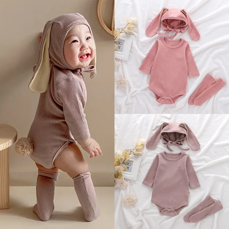 

2023 Baby Rabbit Easter Romper Ear Hat Bodysuit Socks Solid Cotton Jumpsuit 0-24M Korean Cute Toddler Boy Girl Outfits Clothes