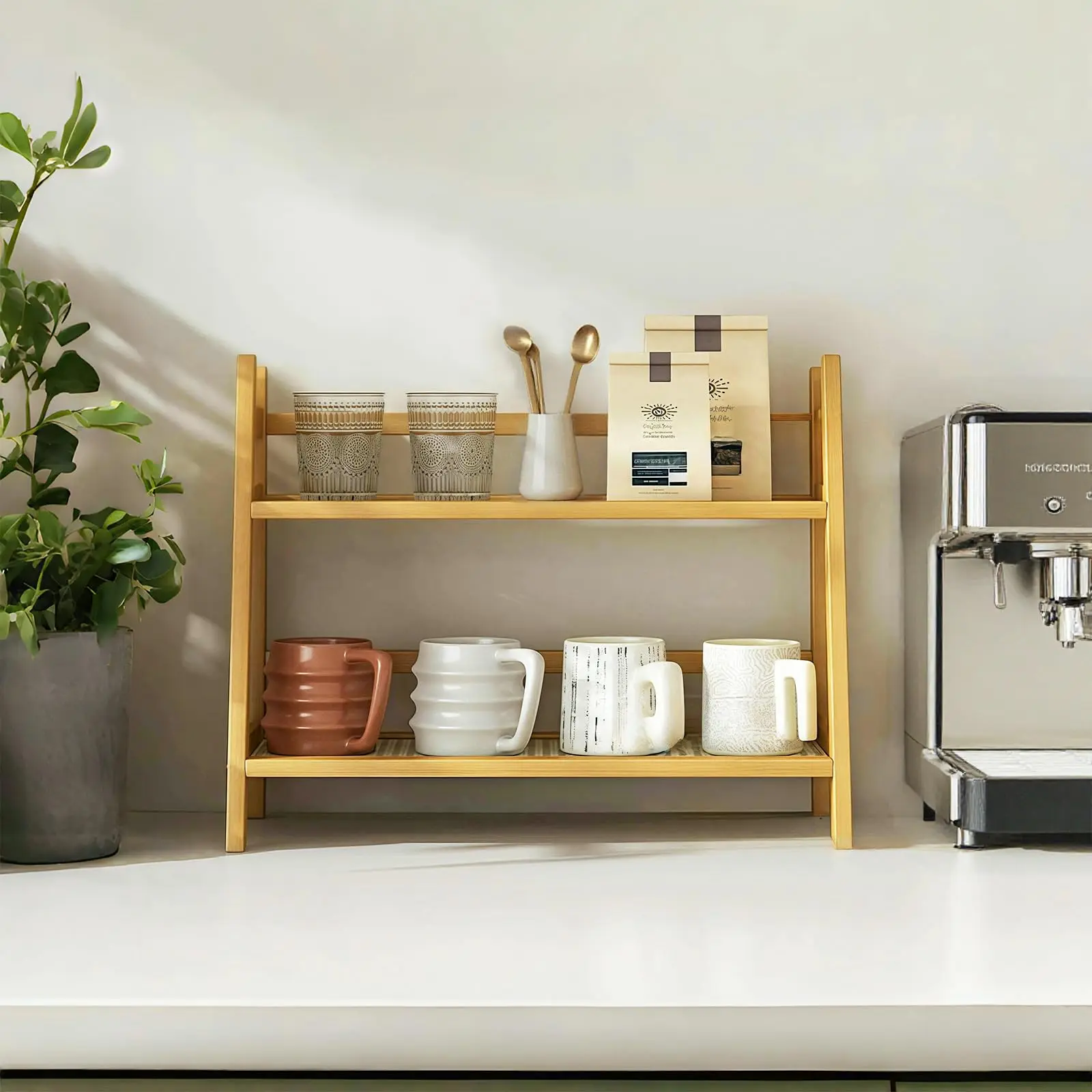 2 Tier Wicker-Look Coffee Station Organizer, Bamboo Mug Holder