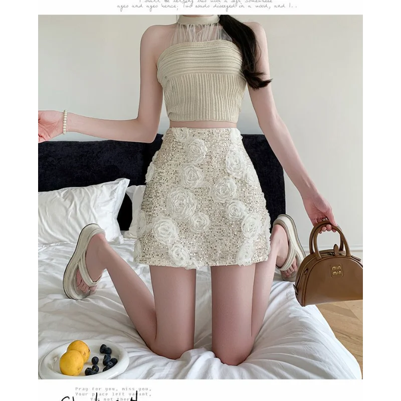 Indústria pesada tridimensional flor lantejoulas temperamento socialite nova magro quente menina hip-cobrindo a linha saia curta