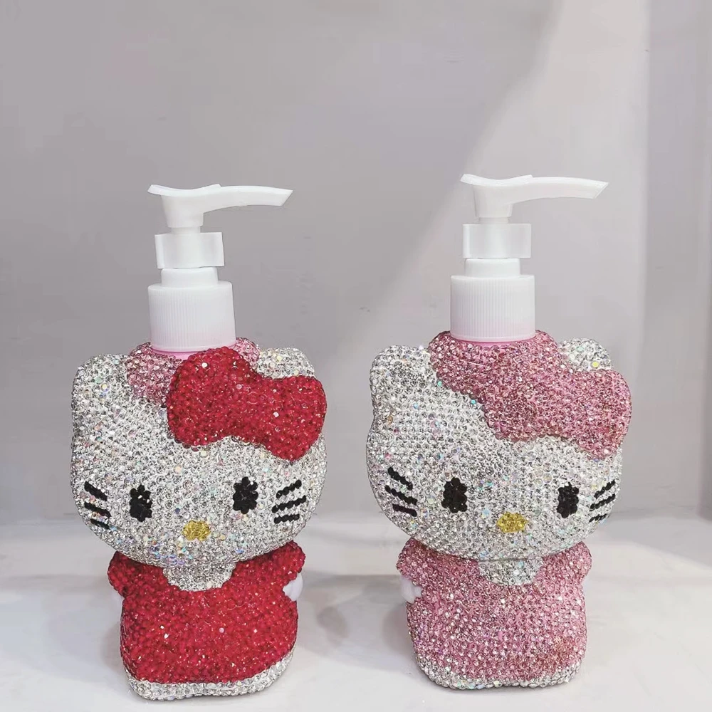 Refillable Cute Cartoon Kitten Empty Bottle Rhinestones Plastic Extrusion Shampoo Hand Soap Portable Travel Cosmetics Container