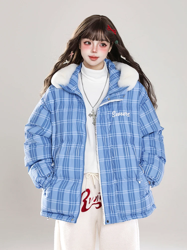 Japanese Sweet Cute Preppy Style Plaid Embroidered Hooded Cotton Padded Coats Women Fur Collar Loose Warm Winter Jacket Overcoat