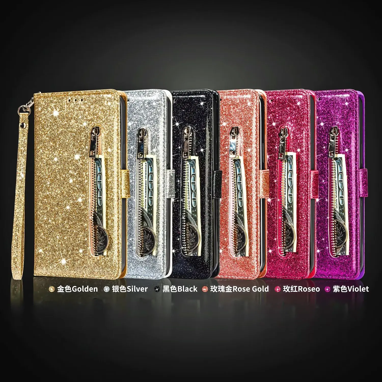 100pcs Zipper Glitter Luxury Crystal Sparkle Shiny Bling Wallet Leather Case For Iphone 14 13 12 Mini 11 Pro Xs Max Xr 8 Plus