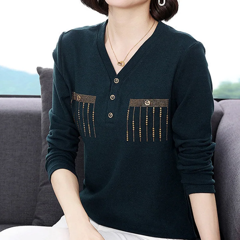 Fashion V-Neck Button Spliced Diamonds Blouse Women\'s Clothing 2022 Autumn New Oversized Casual Pullovers Loose Commute Shirt