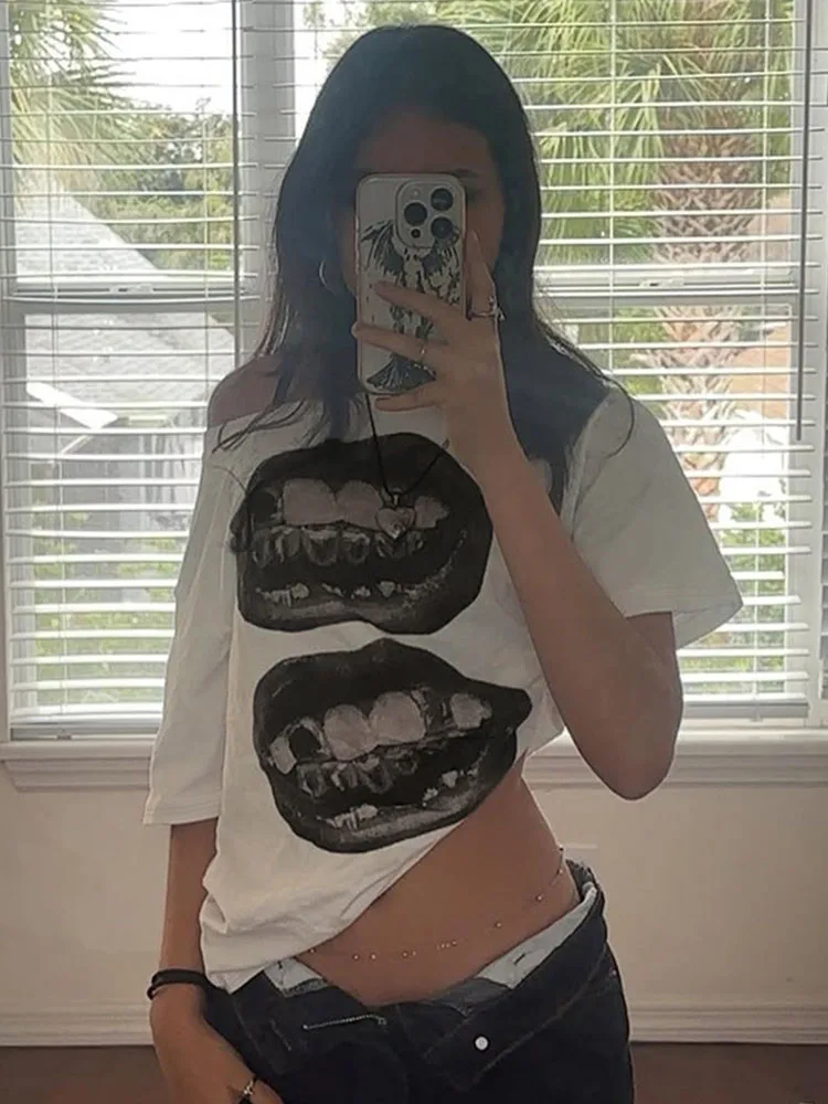 

Women's American Street Hip Hop Loose T-shirt Mouth Print Casual Top Personalized Fashion Loose Fit T-Shirt