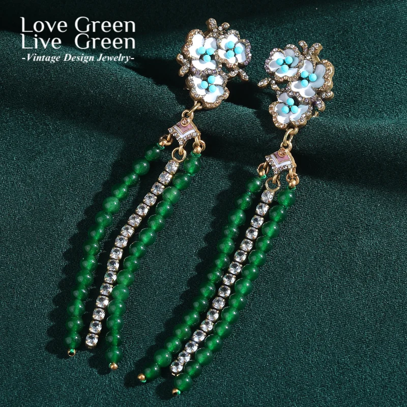 

Vintage Green Glaze Long Tassel Drop Earring Plum Blossom Gold Color Jewelry Designer Luxury For Woman Accessories Thanksgiving