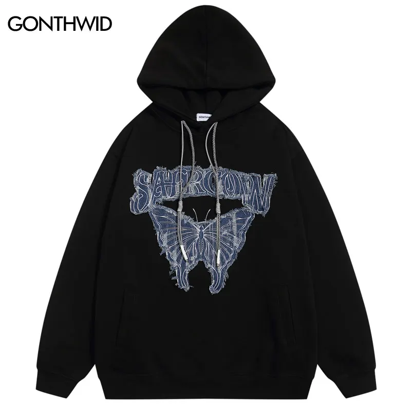 Men Hoodie Y2K Retro Embroidery Butterfly Patch Oversized Hooded Sweatshirt Hip Hop Harajuku Loose Gothic Pullover Hoodies Black