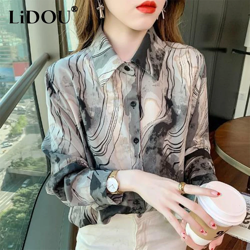 Spring Autumn Fashion Lapel Vintage Tie Dye Blouse Femme Long Sleeve Single Breasted Print Chiffon Shirt All-match Casual Blusa