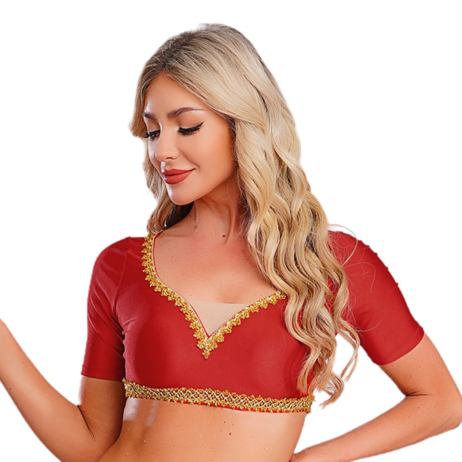 여성 인도 벨리 댄스 크롭탑 골드 트림 브이넥 반팔 슬림핏 크롭 블라우스 댄스 공연 의상 댄스웨어