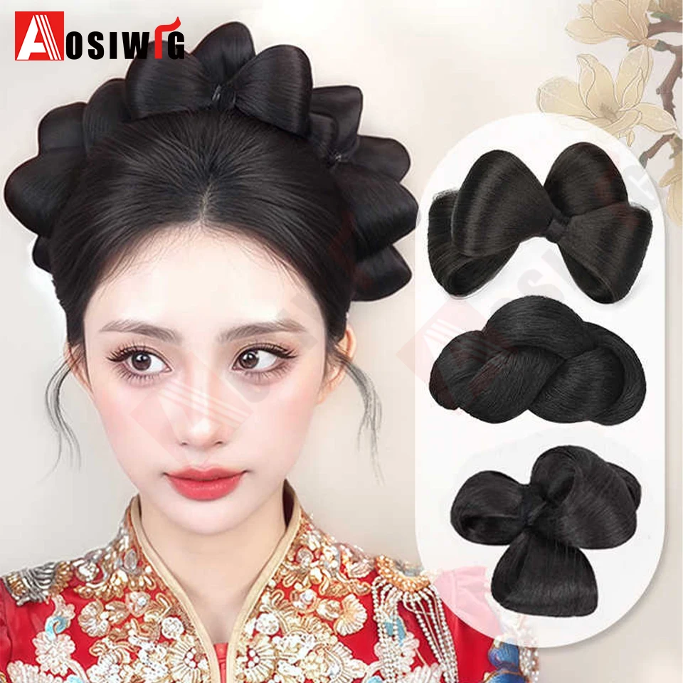 

Synthetic Bridal hairstyle hair bun wig Synthetic Chignon Princess Hair Bun Cosplay Wig For Women 3 flowers and Add cushion hair