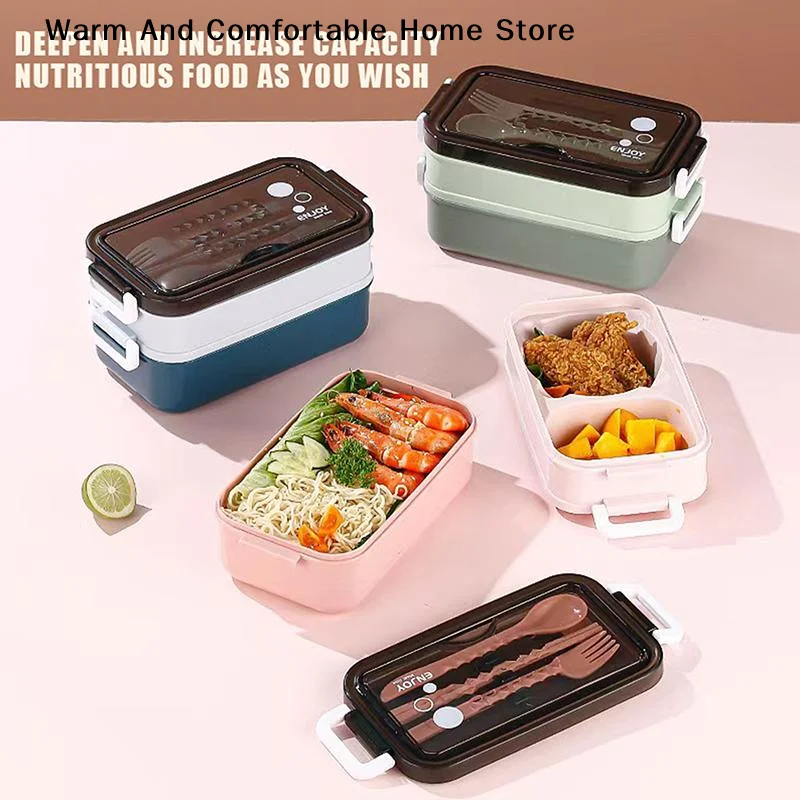 【W】Start Season Double-Layer Microwave Oven Lunch Box, Including Soup Bowl, Knife, Fork and Spoon, School Lunch Box