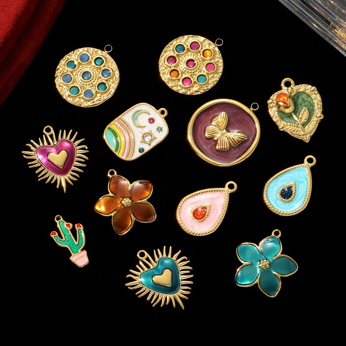3pcs/Lot Stainless Steel Rhinestone Disc Flower DIY Charm Cactus Rose Butterfly Necklace Pendant Women Moon Rainbow Jewelry - view 2